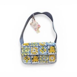Beaded Lemon  Floral Patchwork Shoulder Bag in Blue & Yellow